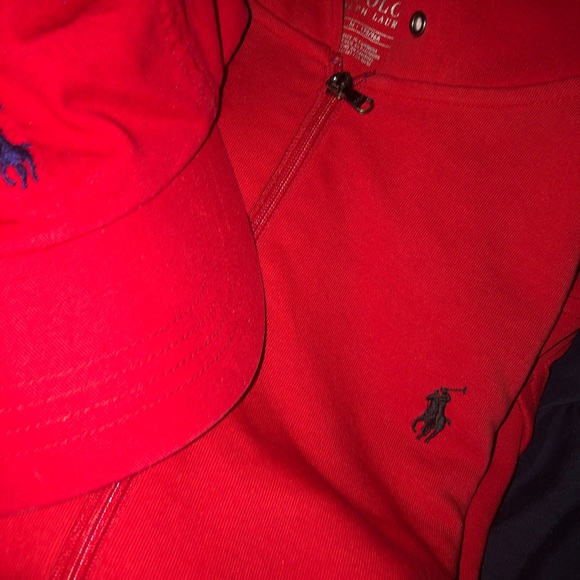 Red polo sweater with matching cap